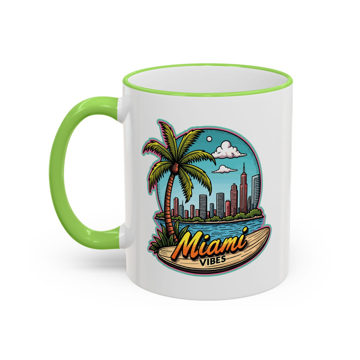 Miami Beach Scenic Accent Rim Mug – Tropical Palm Tree Skyline Coffee Cup (11oz & 15oz)