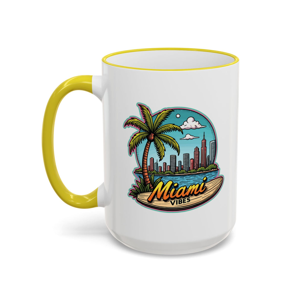 Miami Beach Scenic Accent Rim Mug – Tropical Palm Tree Skyline Coffee Cup (11oz & 15oz)