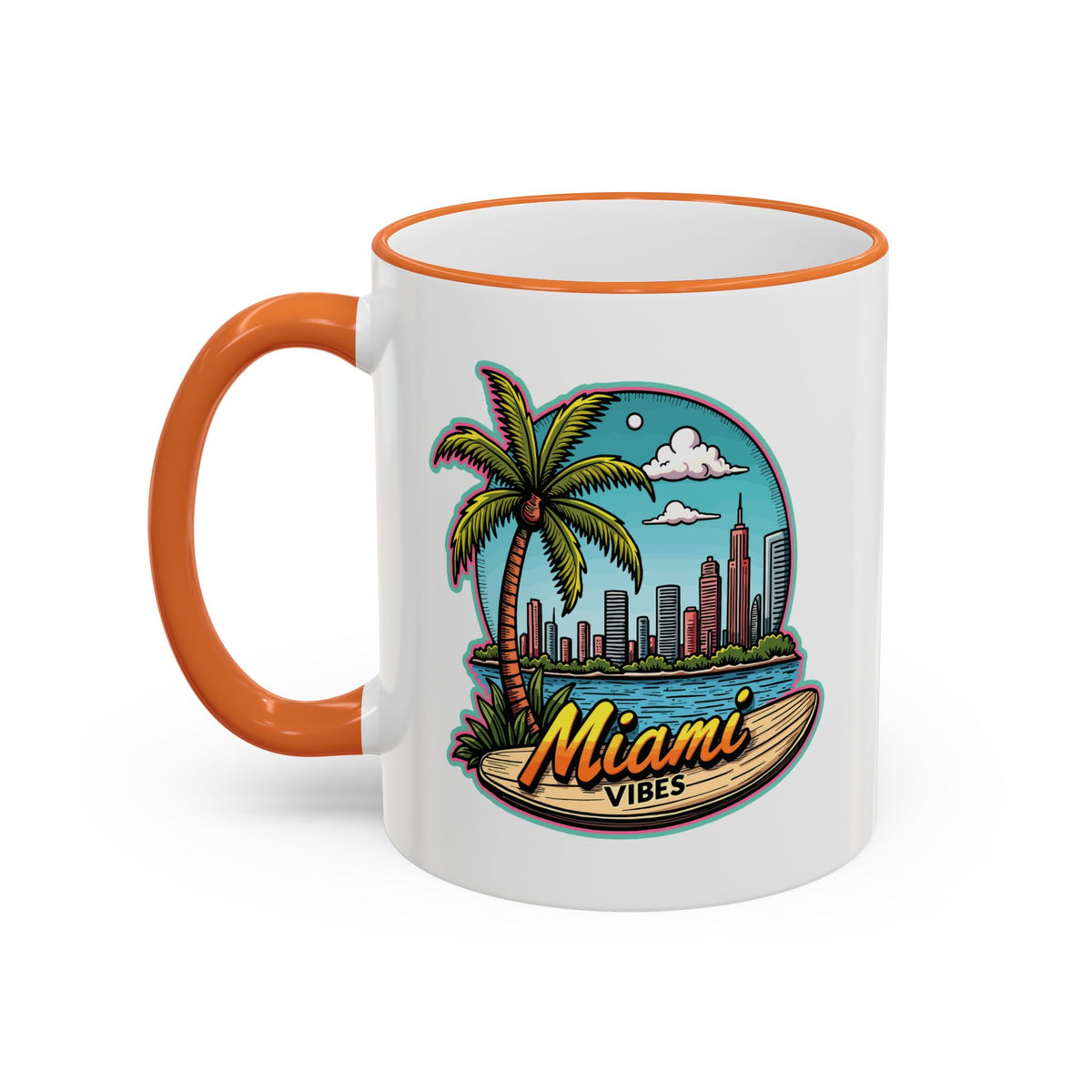 Miami Beach Scenic Accent Rim Mug – Tropical Palm Tree Skyline Coffee Cup (11oz & 15oz)