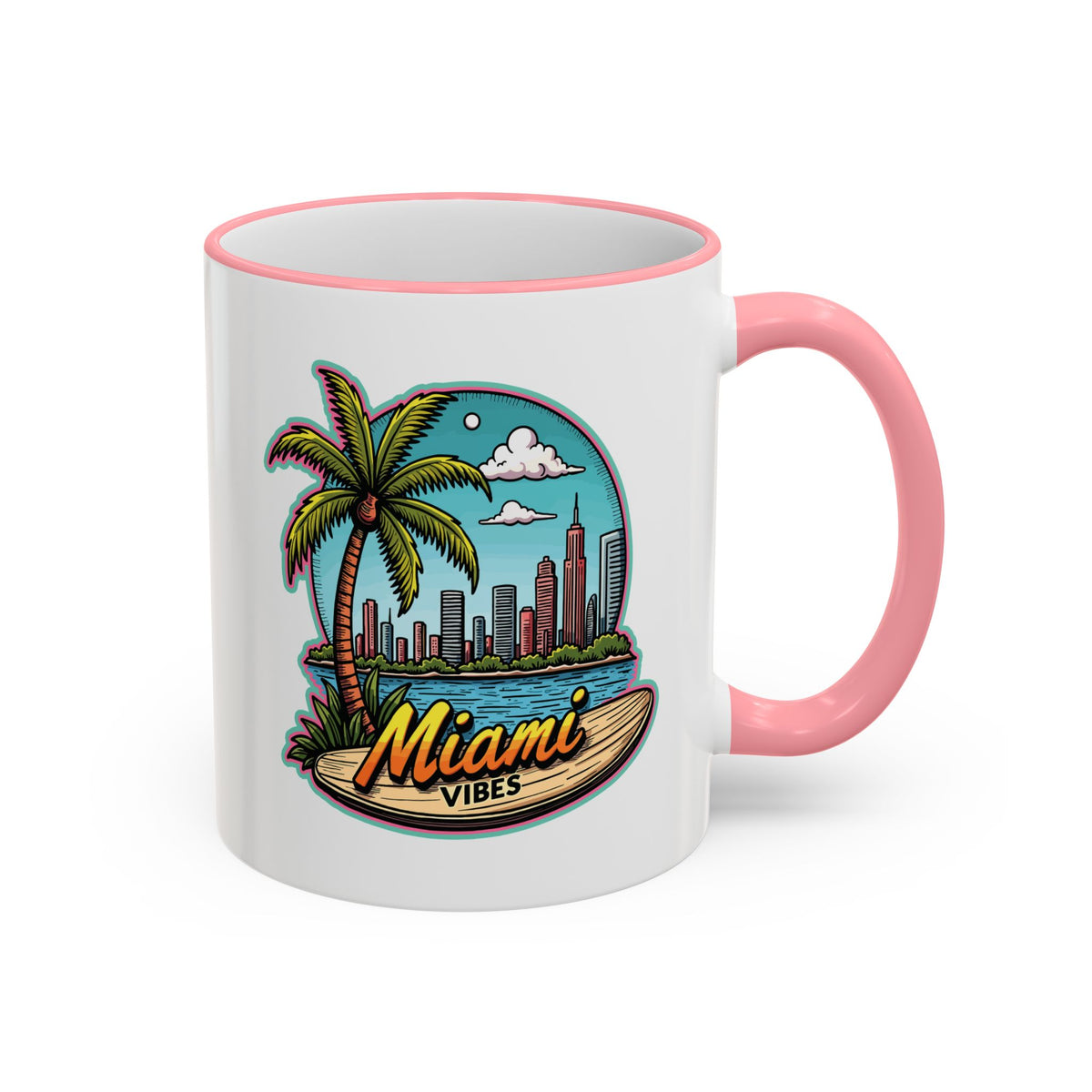 Miami Beach Scenic Accent Rim Mug – Tropical Palm Tree Skyline Coffee Cup (11oz & 15oz)
