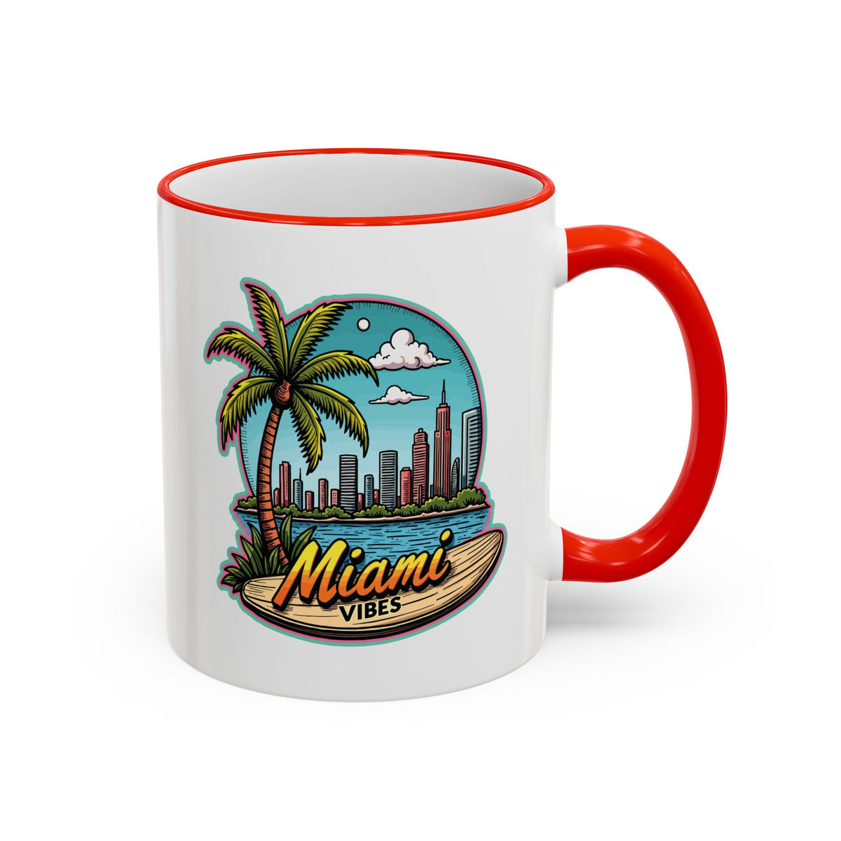 Miami Beach Scenic Accent Rim Mug – Tropical Palm Tree Skyline Coffee Cup (11oz & 15oz)