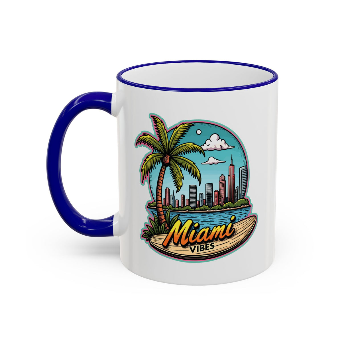 Miami Beach Scenic Accent Rim Mug – Tropical Palm Tree Skyline Coffee Cup (11oz & 15oz)