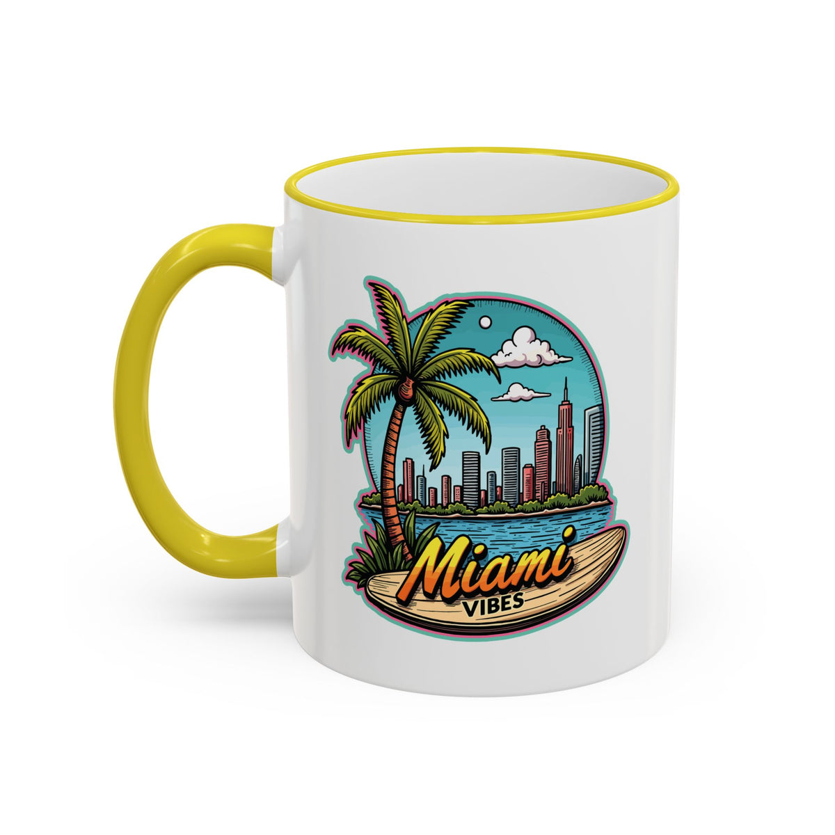 Miami Beach Scenic Accent Rim Mug – Tropical Palm Tree Skyline Coffee Cup (11oz & 15oz)