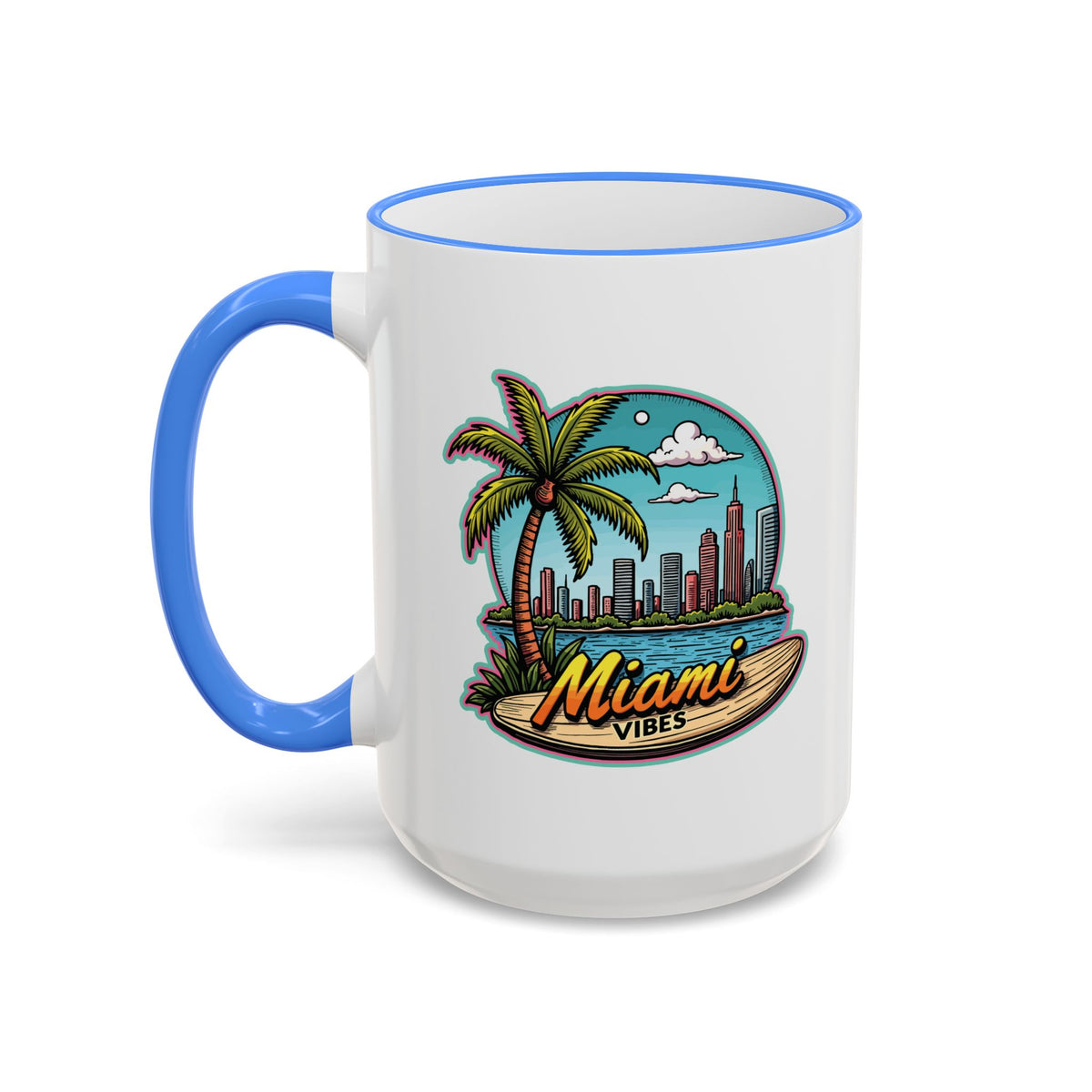 Miami Beach Scenic Accent Rim Mug – Tropical Palm Tree Skyline Coffee Cup (11oz & 15oz)