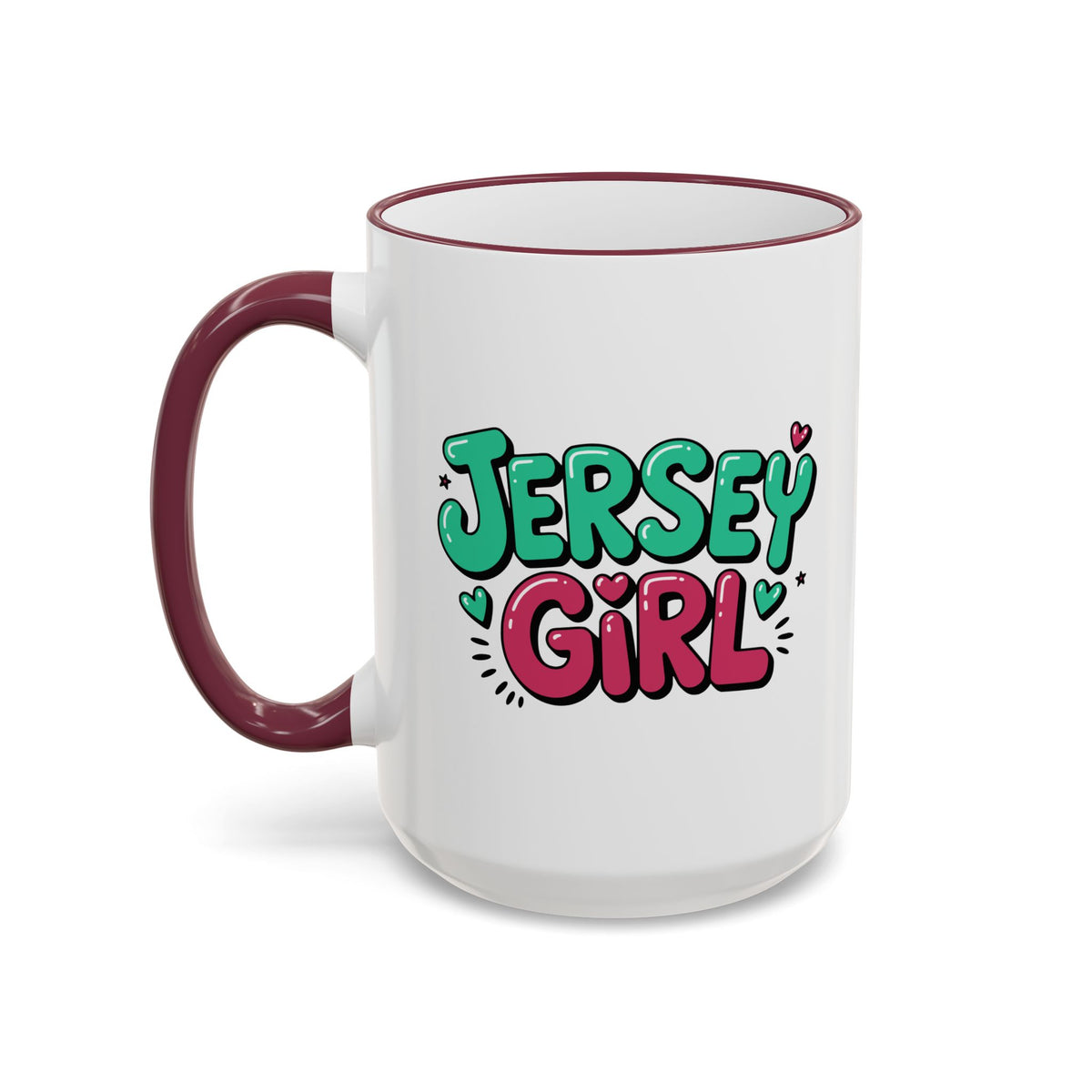 A white ceramic mug with a dark red handle and rim, featuring a colorful graphic that reads 'JERSEY GIRL' in green and pink bubble letters with small heart accents.