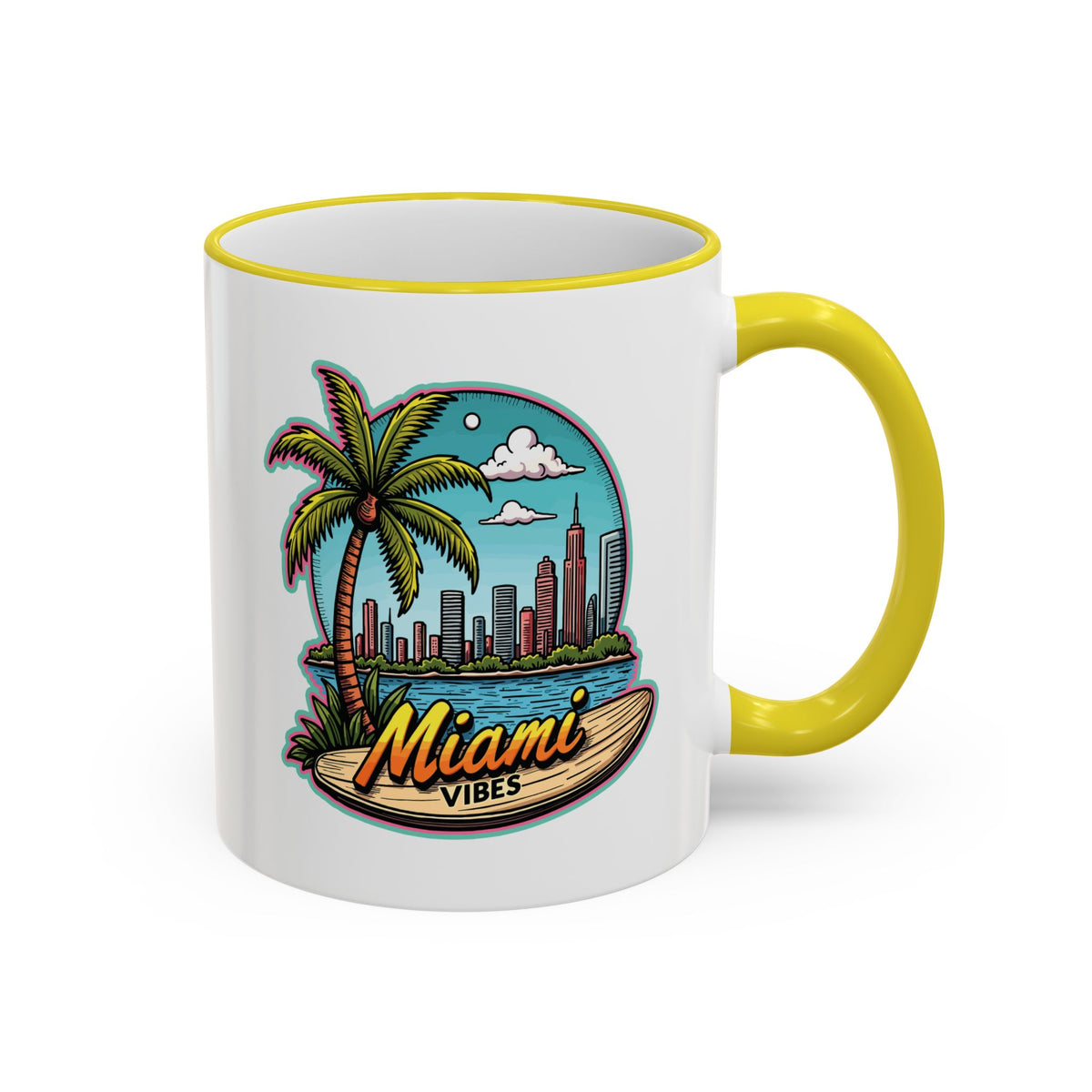 Miami Beach Scenic Accent Rim Mug – Tropical Palm Tree Skyline Coffee Cup (11oz & 15oz)