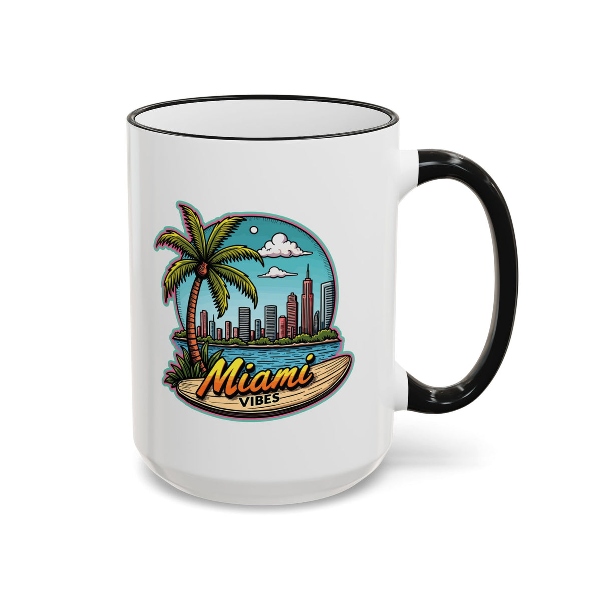 Miami Beach Scenic Accent Rim Mug – Tropical Palm Tree Skyline Coffee Cup (11oz & 15oz)