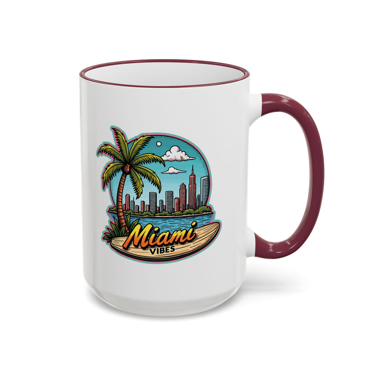 Miami Beach Scenic Accent Rim Mug – Tropical Palm Tree Skyline Coffee Cup (11oz & 15oz)