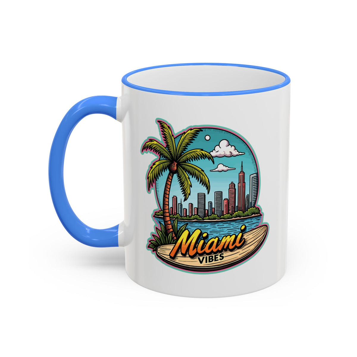 Miami Beach Scenic Accent Rim Mug – Tropical Palm Tree Skyline Coffee Cup (11oz & 15oz)