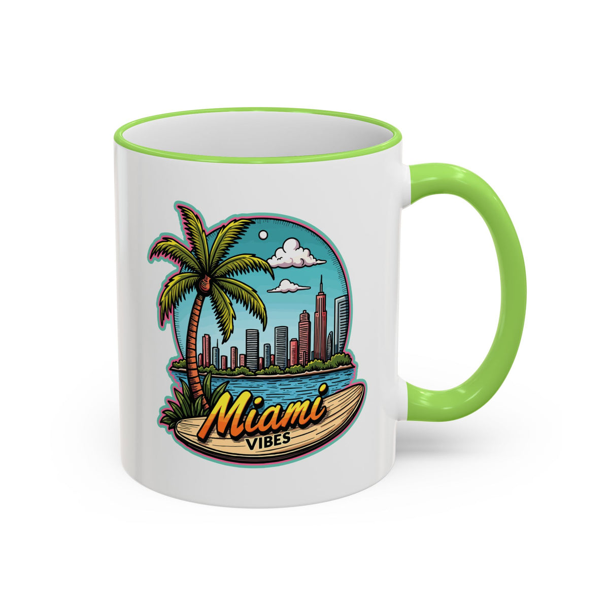 Miami Beach Scenic Accent Rim Mug – Tropical Palm Tree Skyline Coffee Cup (11oz & 15oz)