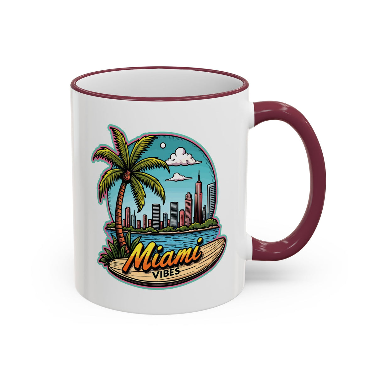Miami Beach Scenic Accent Rim Mug – Tropical Palm Tree Skyline Coffee Cup (11oz & 15oz)