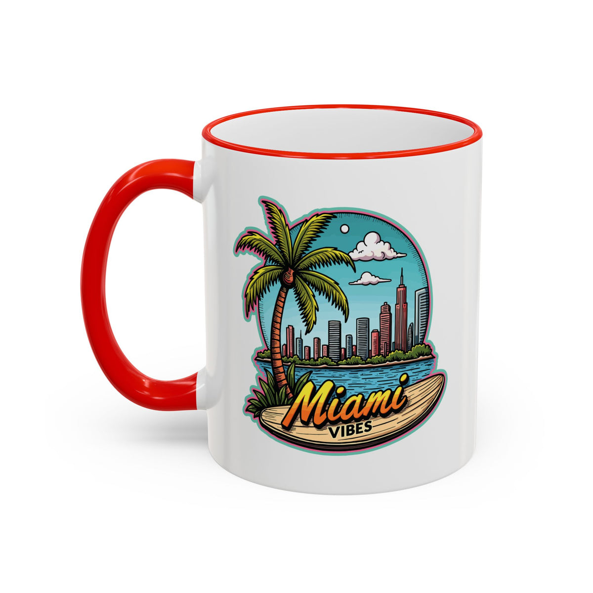 Miami Beach Scenic Accent Rim Mug – Tropical Palm Tree Skyline Coffee Cup (11oz & 15oz)
