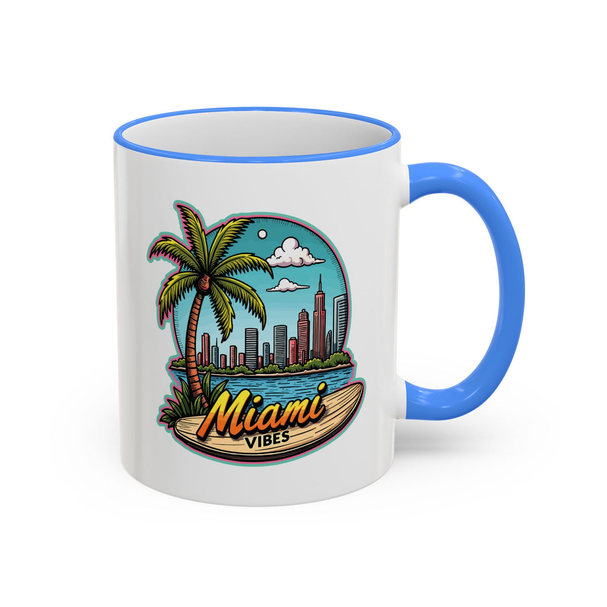 Miami Beach Scenic Accent Rim Mug – Tropical Palm Tree Skyline Coffee Cup (11oz & 15oz)