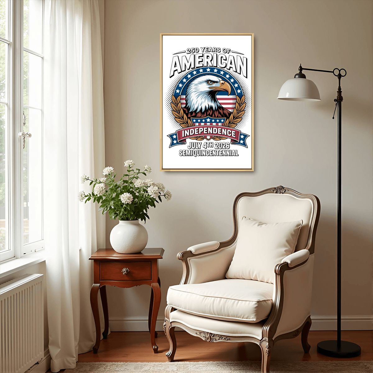 A framed patriotic wall art print hangs on a beige wall in a styled living room. The print features an eagle, stars, and the text '200 Years of American Independence July 4th 2025 Separation of Powers.