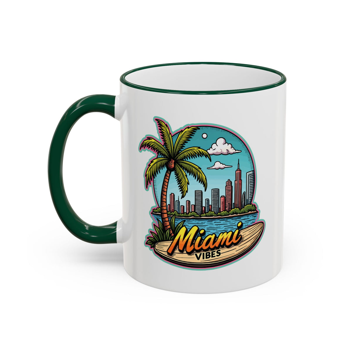 Miami Beach Scenic Accent Rim Mug – Tropical Palm Tree Skyline Coffee Cup (11oz & 15oz)