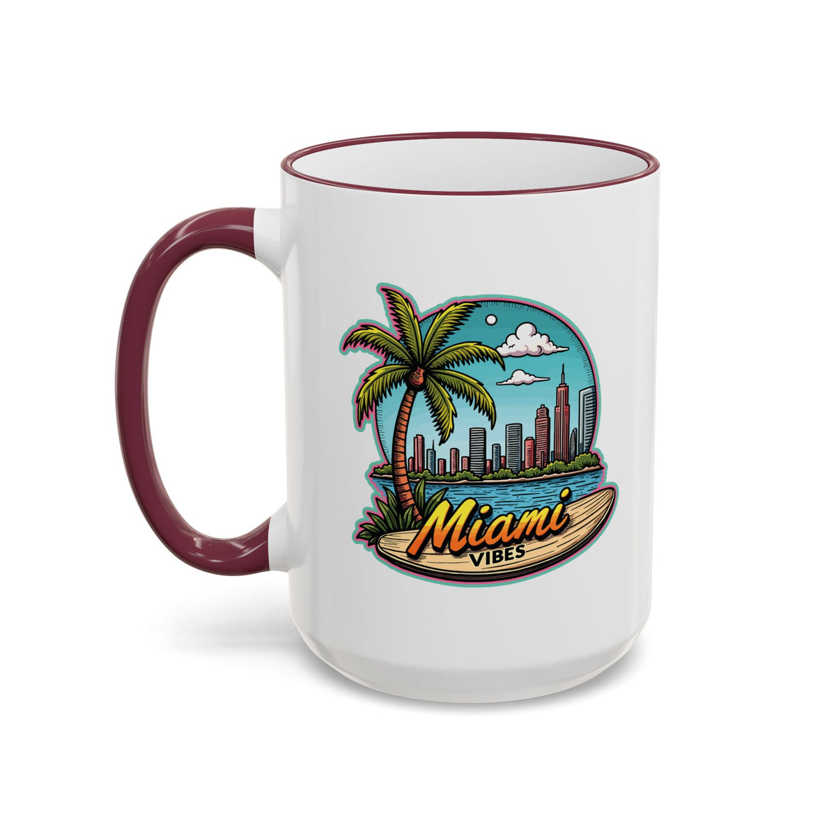 Miami Beach Scenic Accent Rim Mug – Tropical Palm Tree Skyline Coffee Cup (11oz & 15oz)