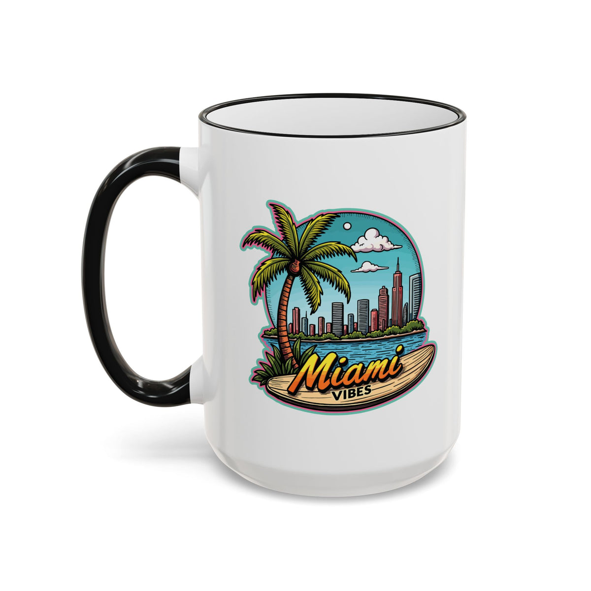 Miami Beach Scenic Accent Rim Mug – Tropical Palm Tree Skyline Coffee Cup (11oz & 15oz)