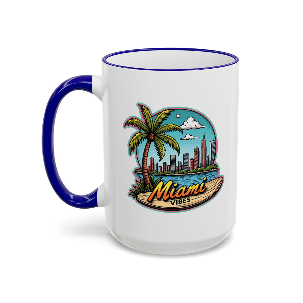 Miami Beach Scenic Accent Rim Mug – Tropical Palm Tree Skyline Coffee Cup (11oz & 15oz)