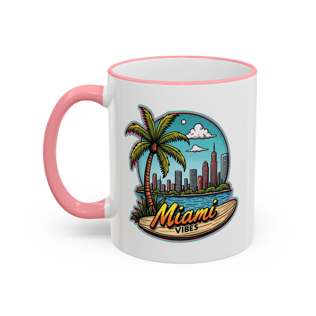Miami Beach Scenic Accent Rim Mug – Tropical Palm Tree Skyline Coffee Cup (11oz & 15oz)