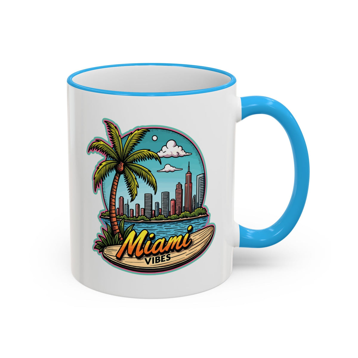 Miami Beach Scenic Accent Rim Mug – Tropical Palm Tree Skyline Coffee Cup (11oz & 15oz)