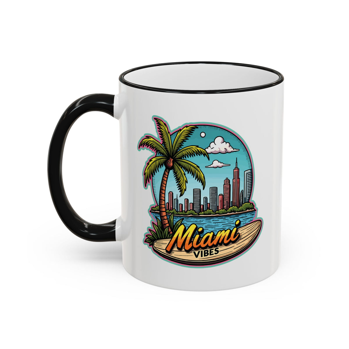 Miami Beach Scenic Accent Rim Mug – Tropical Palm Tree Skyline Coffee Cup (11oz & 15oz)