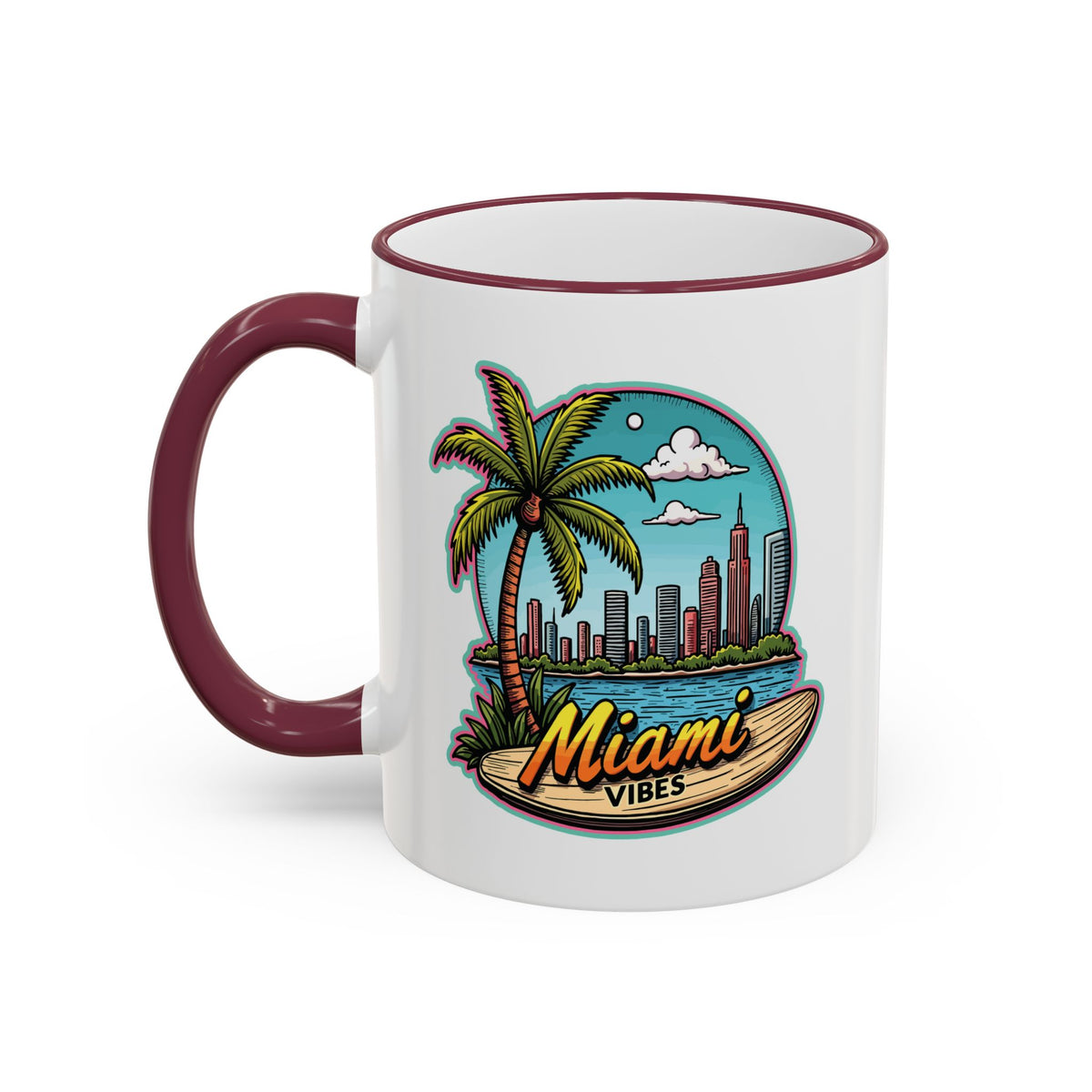 Miami Beach Scenic Accent Rim Mug – Tropical Palm Tree Skyline Coffee Cup (11oz & 15oz)