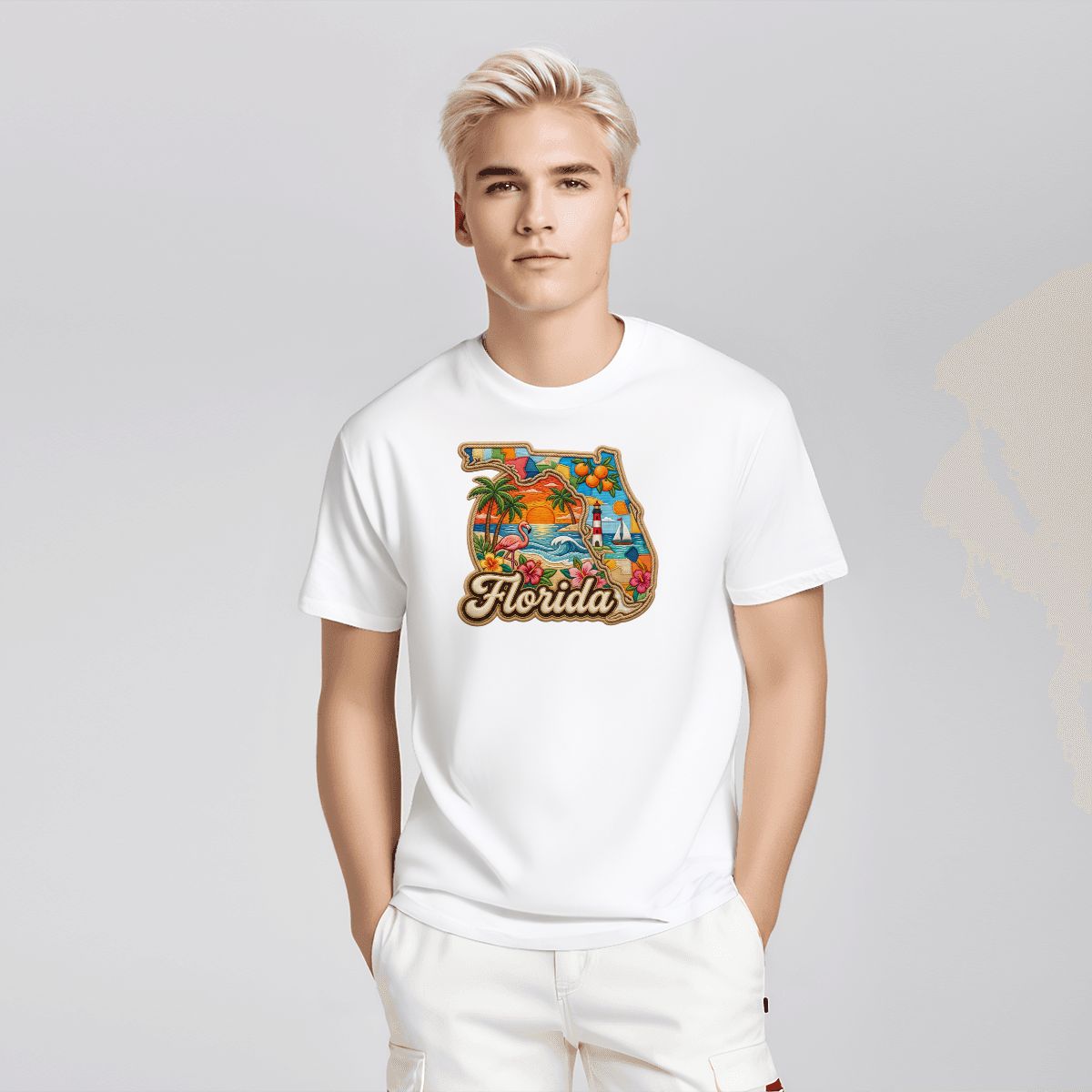 A young man with platinum blonde hair wearing a white crewneck t-shirt with a colorful graphic of the state of Florida filled with tropical beach scenes and the word 'Florida' written below it. He is also wearing white cargo shorts against a light gray studio background.