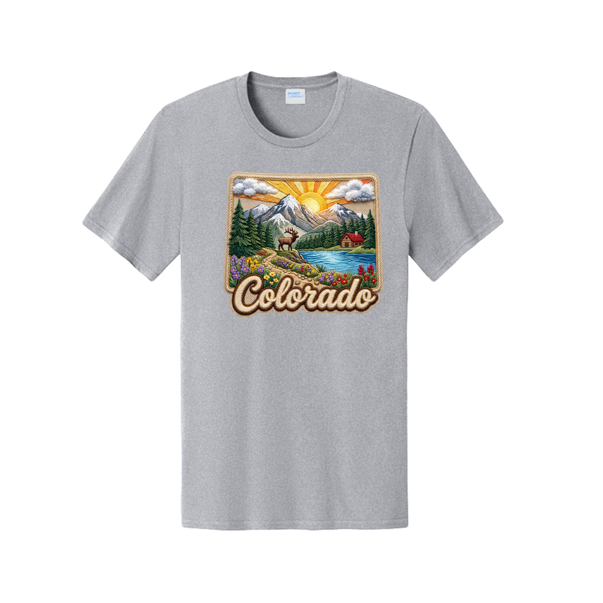 A heather gray short-sleeve crewneck t-shirt featuring a colorful graphic print of a Colorado landscape with a mountain, lake, trees, and the word 'Colorado' in script.