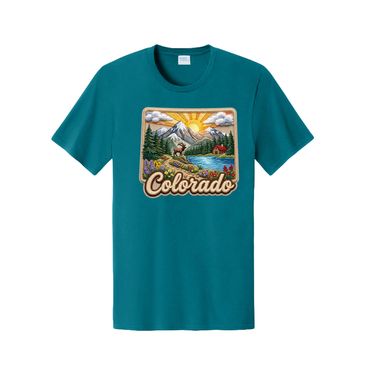 A teal short-sleeve crewneck t-shirt featuring a colorful 'Colorado' landscape graphic on the chest, displayed against a solid white background.